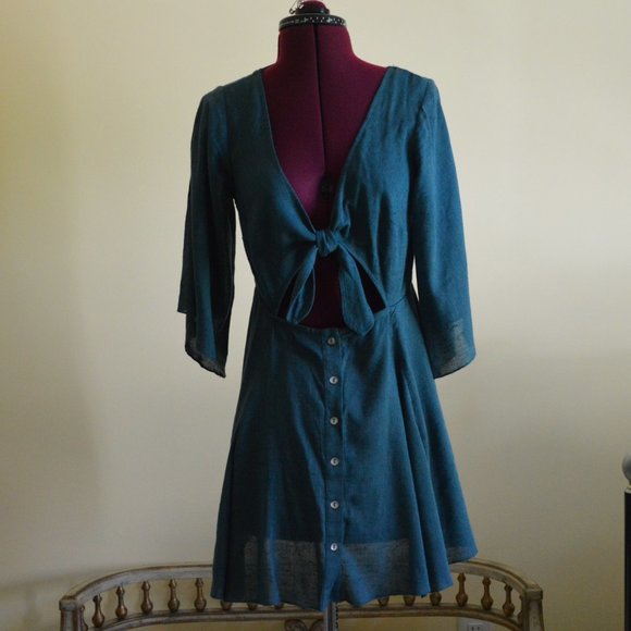 Free People Dresses & Skirts - Free People XS Teal Tie Dress Button Front Mini